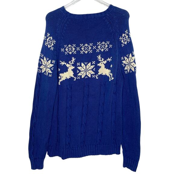 Lands End L Mens Snowflake Moose Chunky Cable Knit Crewneck Sweater Vintage 90s - Picture 2 of 9